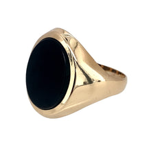 Load image into Gallery viewer, Preowned 9ct Yellow Gold &amp; Oval Onyx Signet Ring in size P with the weight 3.90 grams. The onyx stone is 15mm by 12mm and the front of the ring is 19m high
