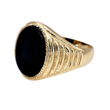 Load image into Gallery viewer, Preowned 9ct Yellow Gold &amp; Oval Onyx Set Signet Ring in size W with the weight 7.30 grams. The onyx stone is 15mm by 11mm
