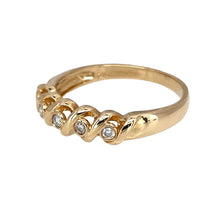 Load image into Gallery viewer, Preowned 9ct Yellow Gold &amp; Diamond Set Twist Band Ring in size P with the weight 2.40 grams. The front of the band is 5mm wide and there is approximately 10pt of diamond content set in total
