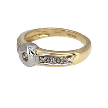 Load image into Gallery viewer, Preowned 9ct Yellow and White Gold &amp; Diamond Rubover Set Band Ring in size N with the weight 2.90 grams. The diamond is approximately 10pt and the front of the ring is 7mm wide
