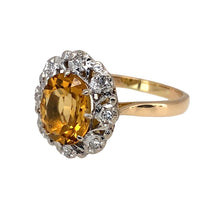 Load image into Gallery viewer, Preowned 18ct Yellow and White Gold Diamond &amp; Citrine Set Cluster Ring in size Q with the weight 4.80 grams. The citrine coloured stone is 10mm by 8mm
