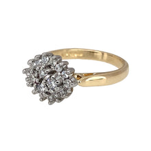 Load image into Gallery viewer, Preowned 9ct Yellow and White Gold &amp; Diamond Set Cluster Ring in size K with the weight 3.20 grams. The front of the ring is 10mm high and there is approximately 33pt of diamond content in total
