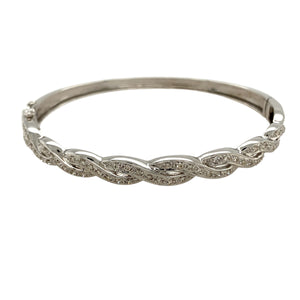 9ct White Gold & Diamond Set Twisted Hinged Bangle