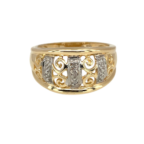 9ct Gold & Diamond Set Patterned Swirl Wide Band Ring