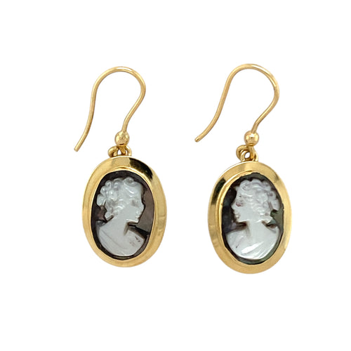 18ct Gold & Black Cameo Set Oval Drop Earrings