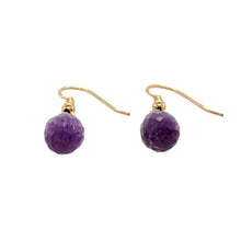 Load image into Gallery viewer, Preowned 9ct Yellow Gold &amp; Amethyst Set Teardrop Drop Earrings with the weight 2.90 grams. The amethyst stones are each 16mm by 9mm
