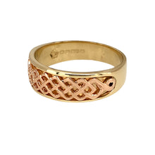 Load image into Gallery viewer, Preowned 9ct Yellow and Rose Gold Clogau Lady Guinevere Celtic Knot Style Band Ring in size N with the weight 4.60 grams. The front of the ring is 7mm wide
