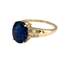 Load image into Gallery viewer, Preowned 9ct Yellow Gold Diamond &amp; Sapphire coloured stone Set Ring in size T with the weight 3.20 grams. The sapphire coloured stone is 11mm by 9mm
