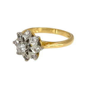 Preowned 18ct Yellow and White Gold & Diamond Set Flower/Star Cluster Ring in size K with the weight 3.70 grams. The front of the ring is 11mm high