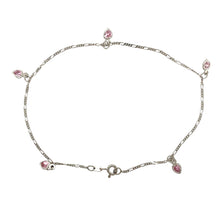 Load image into Gallery viewer, 9ct White Gold &amp; Pink Cubic Zirconia Heart Drop 9&quot; Figaro Anklet
