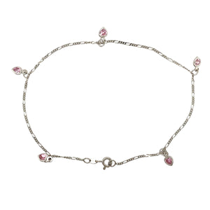 9ct White Gold & Pink Cubic Zirconia Heart Drop 9" Figaro Anklet