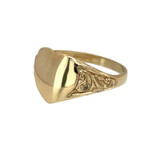 Load image into Gallery viewer, New 9ct Yellow Gold Patterned shoulder Heart Signet Ring in various sizes. The front of the ring is 9mm high and the weight is approximately 1.30 grams
