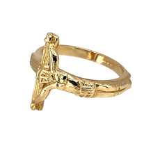 Load image into Gallery viewer, New 9ct Yellow Gold Crucifix Ring in size Q with the weight 4.20 grams. The sides of the crucifix are 17mm high and the band is 4mm wide and tapers to 2mm wide at the back
