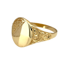 Load image into Gallery viewer, New 9ct Yellow Gold Patterned Oval Signet Ring in size W with the weight 3 grams. The front of the ring is 14mm high
