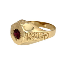 Load image into Gallery viewer, New 9ct Yellow Gold &amp; Ruby Set Patterned Signet Ring in size R with the weight 4.40 grams. The ruby stone is 5mm diameter and the front of the ring is 11mm high
