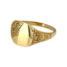 Load image into Gallery viewer, New 9ct Yellow Gold Patterned Square Signet Ring in size V with the weight 3.50 grams. The front of the ring is 12mm high
