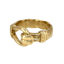 Load image into Gallery viewer, New 9ct Yellow Gold Horseshoe Buckle Twist Band Ring in size Z with the weight 11.50 grams. The front of the buckle is 12mm high and the band is 7mm wide
