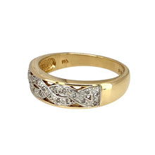 Load image into Gallery viewer, Preowned 9ct Yellow and White Gold &amp; Diamond Set Twisted Band Ring in size S with the weight 4.20 grams. The front of the band is 6mm wide
