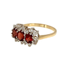 Load image into Gallery viewer, Preowned 9ct Yellow and White Gold Garnet &amp; Cubic Zirconia Set Trilogy Cluster Ring in size O with the weight 2.50 grams. The garnet stones are each 5mm by 4mm
