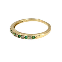 Load image into Gallery viewer, Preowned 9ct Yellow Gold Diamond &amp; Emerald Set Band Ring in size P to Q with the weight 1.70 grams. The front of the band is 2mm wide
