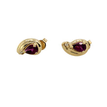 Load image into Gallery viewer, Preowned 9ct Yellow Gold Diamond &amp; Pink Tourmaline Set Stud Earrings with the weight 1.70 grams. The pink tourmaline coloured stones are each 6mm by 4mm
