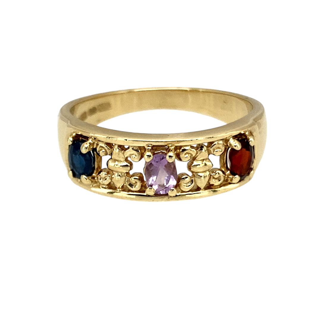 9ct Gold Garnet Amethyst & Sapphire Set Band Ring