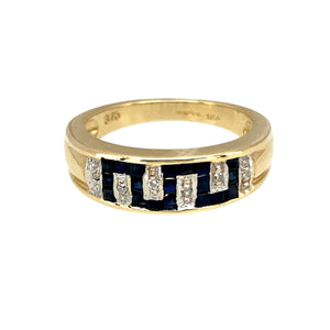 9ct Gold Diamond & Sapphire Set Greek Key Band Ring