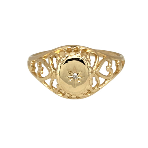 9ct Gold & Diamond Set Heart Cut Signet Ring