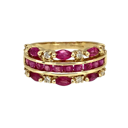 9ct Gold Diamond & Pink Stone Set Band Ring