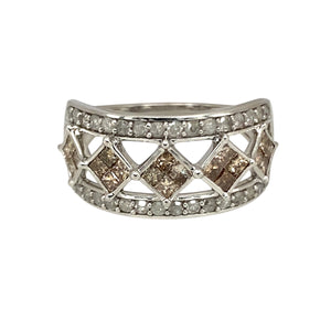 9ct White Gold & Diamond Set Patterned Wide Band Ring