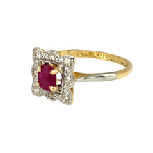 Load image into Gallery viewer, Preowned 18ct Yellow Gold &amp; Platinum Diamond &amp; Ruby Set Vintage Style Ring in size N with the weight 2.70 grams. The front of the ring is 10mm high and the ruby stone is 5mm diameter
