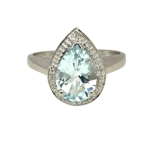 9ct White Gold Diamond & Aquamarine Set Teardrop Shape Ring