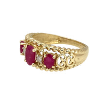 Load image into Gallery viewer, Preowned 9ct Yellow Gold Diamond &amp; Ruby Set Fancy Band Ring in size L with the weight 2.90 grams. The center ruby stone is 6mm by 4mm
