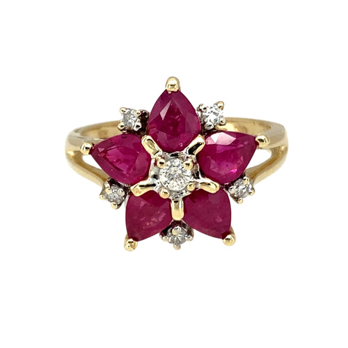 9ct Gold Diamond & Ruby Set Flower Cluster Ring