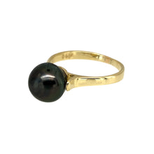 Load image into Gallery viewer, Preowned 14ct Yellow Gold &amp; Dark Grey Pearl Ring in size O with the weight 3 grams. The grey pearl is 10mm diameter
