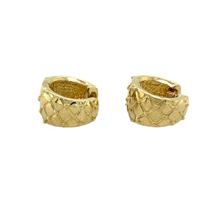 Preowned 9ct Yellow and White Gold Textured Patterned Wide Huggie Earrings with the weight 7.20 grams