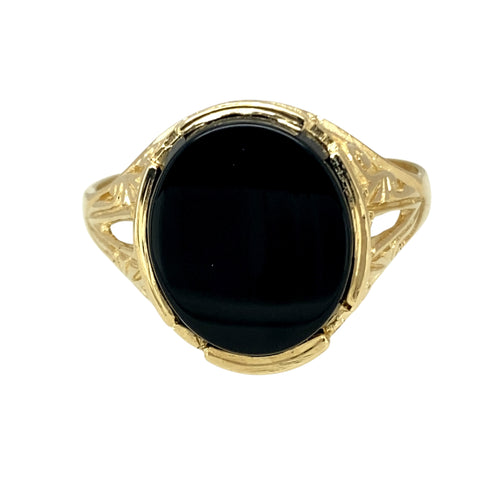 Preowned 9ct Yellow Gold & Onyx Set Oval Signet Ring in size X with the weight 4.20 grams. The onyx stone is 13mm by 11mm