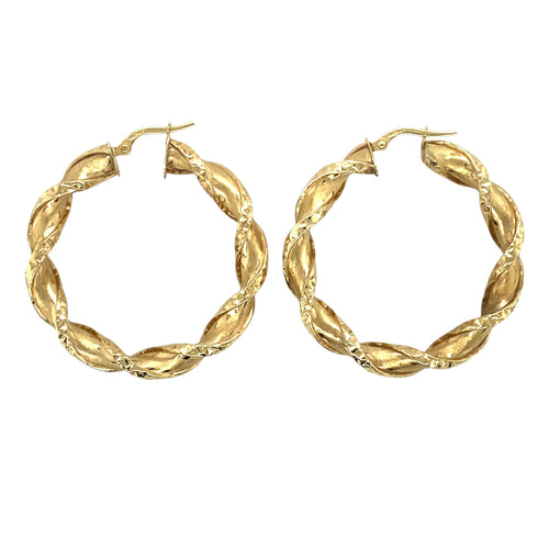 9ct Gold Patterned Twisted Hoop Creole Earrings