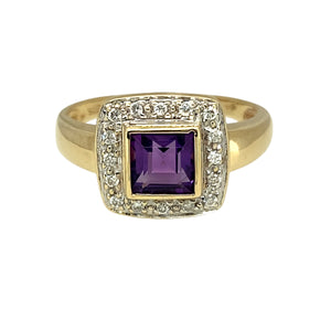 9ct Gold Diamond & Amethyst Set Halo Ring