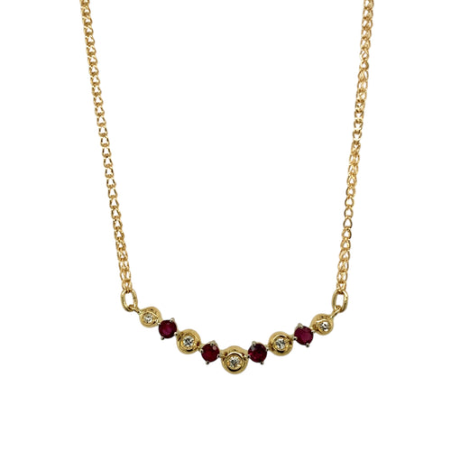 18ct Gold Diamond & Ruby Set Curved Bar 16