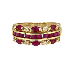 9ct Gold Diamond & Ruby Set Three Row Ring