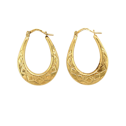 9ct Gold Patterned Oval Creole Earrings