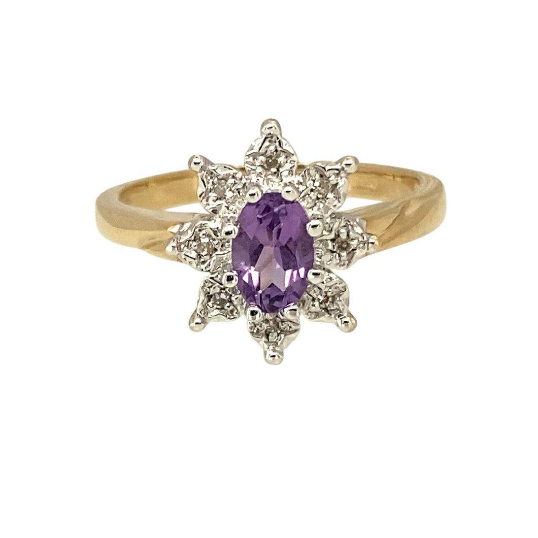 9ct Gold Diamond & Amethyst Set Cluster Ring