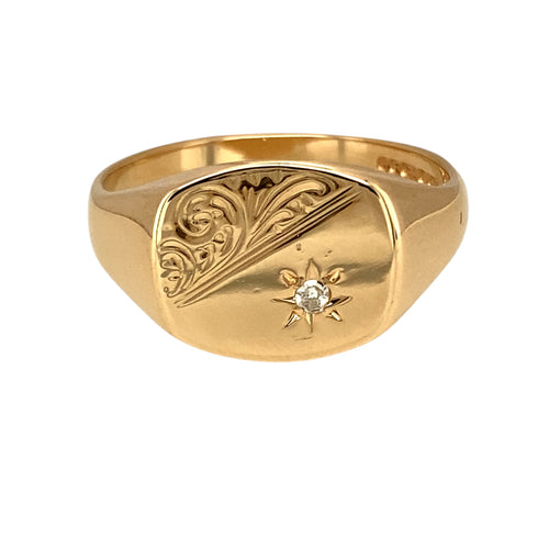 9ct Gold & Diamond Set Patterned Signet Ring