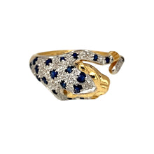 Load image into Gallery viewer, Preowned 18ct Yellow and White Gold Diamond &amp; Sapphire Set Leopard Style Ring in size M with the weight 4.30 grams. The front of the ring is 11mm high and the eyes are set with emeralds
