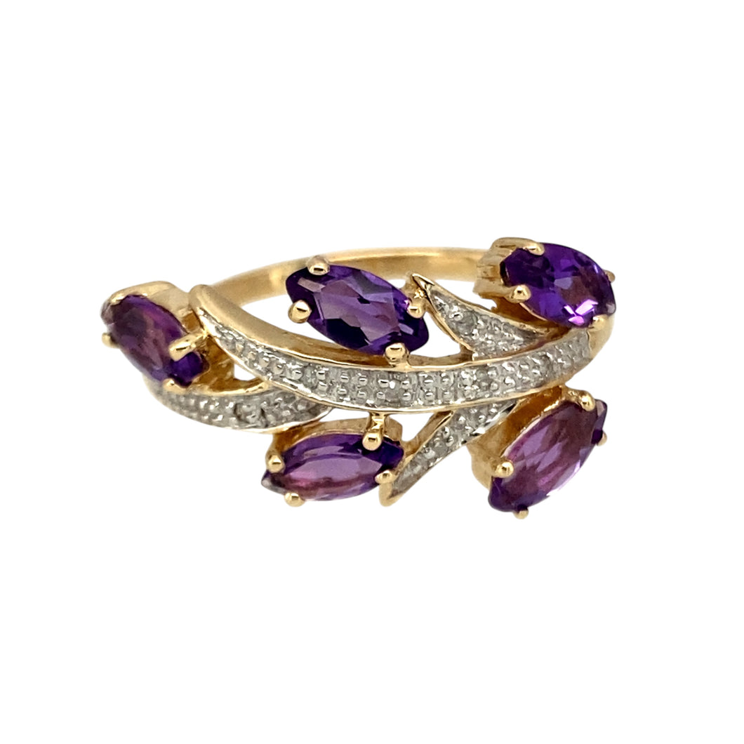 9ct Gold Diamond & Amethyst Set Leaf Style Band Ring