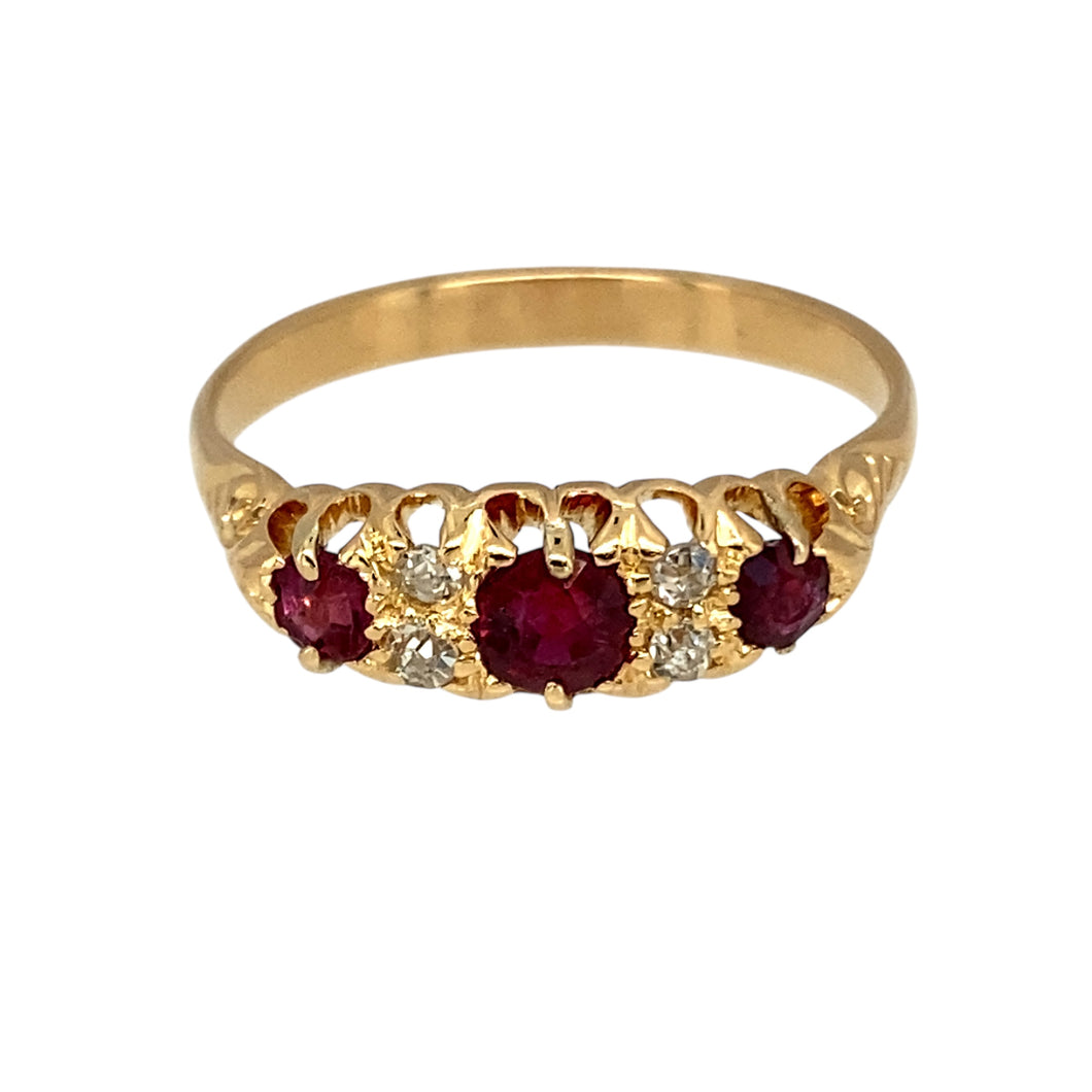 18ct Gold Diamond & Ruby Set Vintage Style Ring