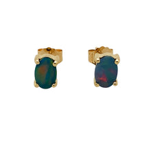 Load image into Gallery viewer, Preowned 9ct Yellow Gold &amp; Opalique Doublet Set Oval Stud Earrings with the weight 1.10 grams. The opalique doublet stones are each 6mm by 4mm
