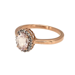 Preowned 9ct Rose and White Gold Diamond & Morganite Set Cluster Ring in size N with the weight 2.40 grams. The morganite stone is 7mm by 5mm