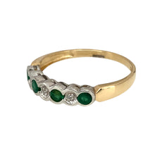 Load image into Gallery viewer, Preowned 9ct Yellow and White Gold Diamond &amp; Emerald Set Band Ring in size P with the weight 1.60 grams. The emerald stones are each approximately 2.5mm diameter
